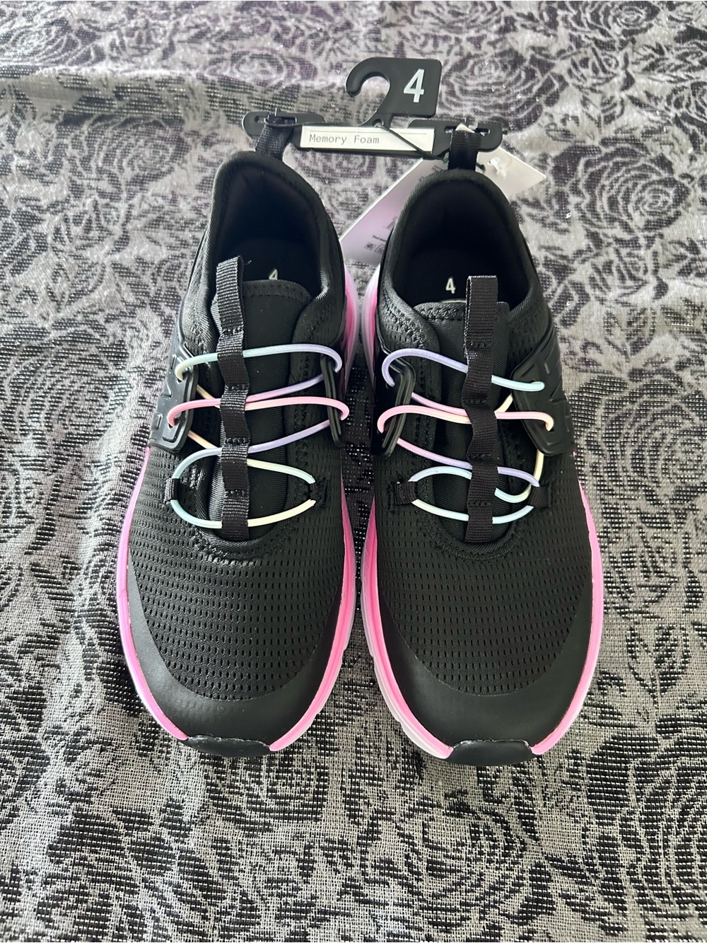 Avery Girl Black Athletic Sneakers with Pink Trim and Pastel Laces